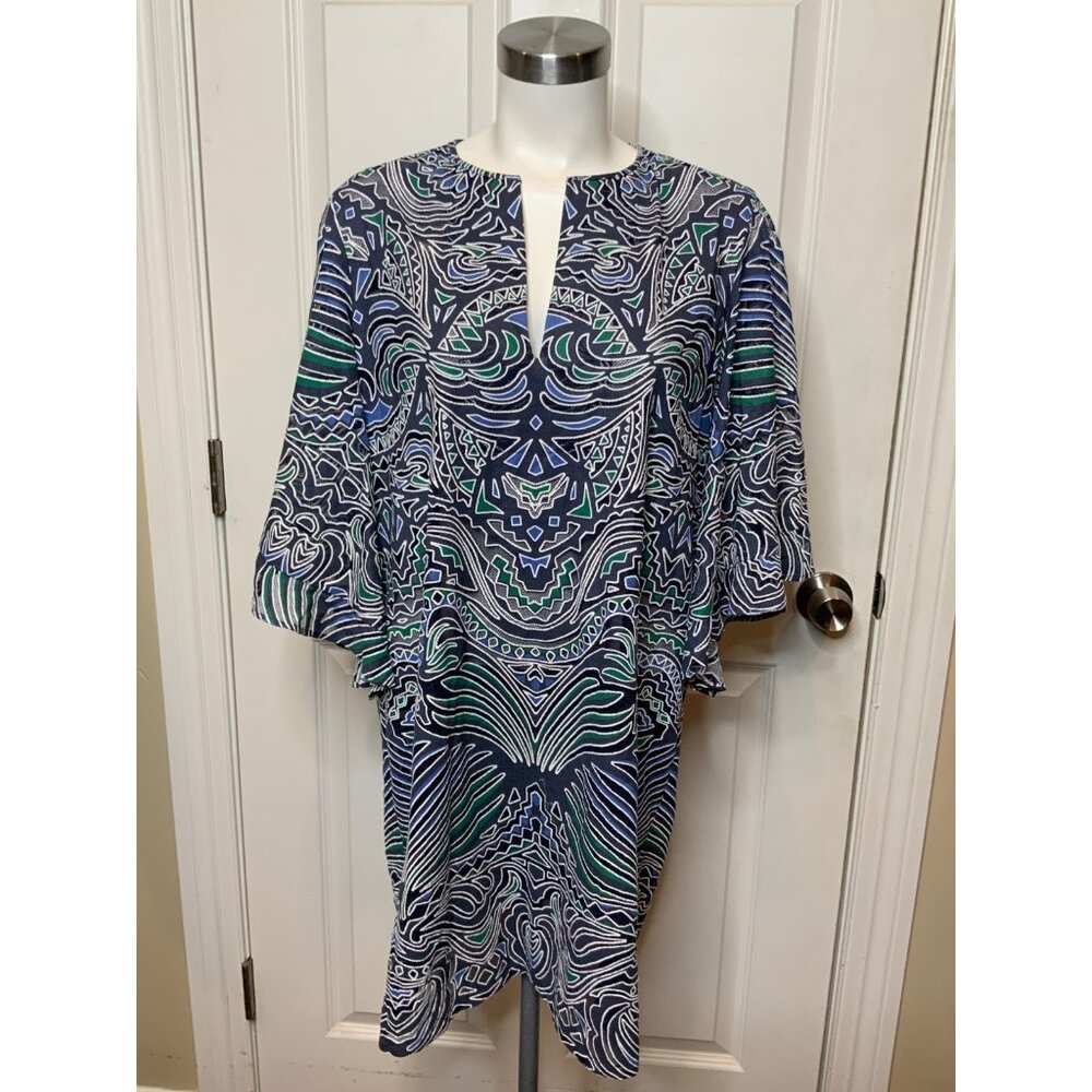 BCBG Max Azria Tati Blue Green Geometric Sheer Cover-Up Tunic, Size XS